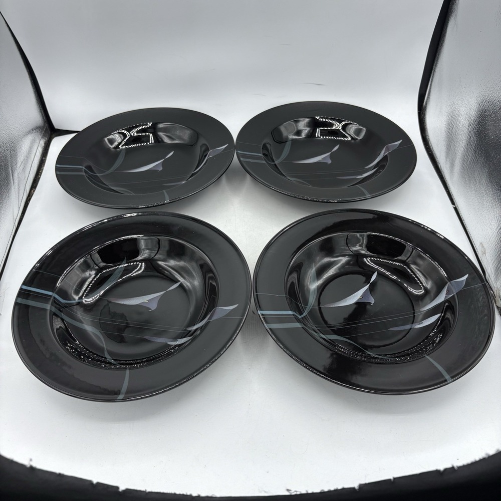 Mikasa Soup Cereal Bowls 9.25" Black Rim Galleria Opus Calla Lily FK701 Set of 4